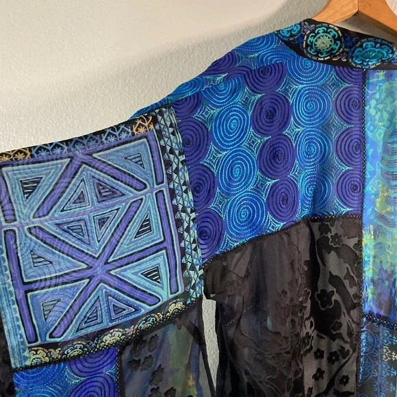 Chico's Silk Rayon Embroidered Patchwork Velvet Burnout Fairycore Kimono Topper - Picture 7 of 10